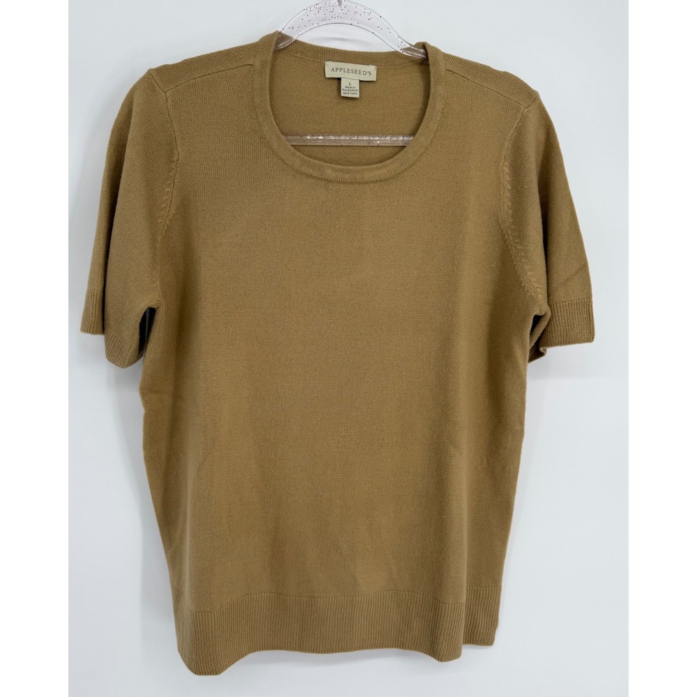 Appleseeds Womens Short Sleeve Knit Sweater Camel Tan Scoop Neck Sz L